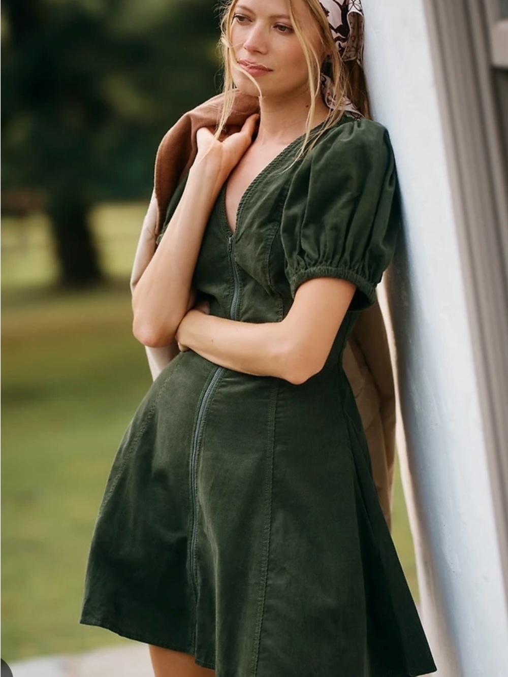 Anthropologie Forest Green Puff-Sleeve Mini Dress